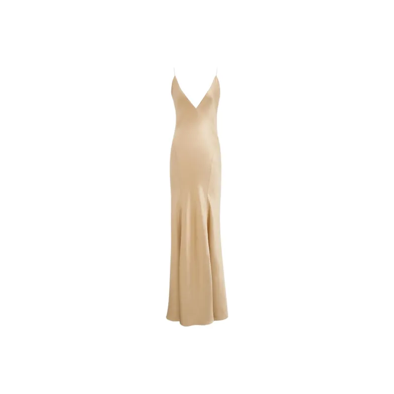 SAINT LAURENT V-Neck Sleeveless Satin Dress-0