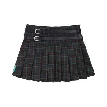 MATCHA STORY College Series Casual Short Skirts Women's Green Plaid