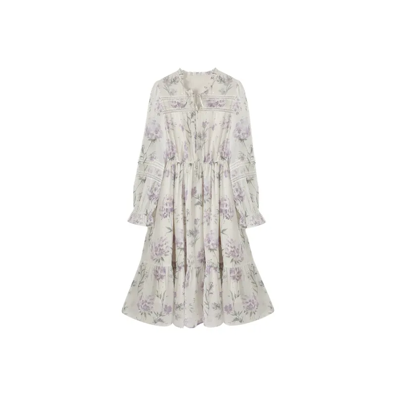 XIANGYING Long Sleeved Dress Women's Beige-0