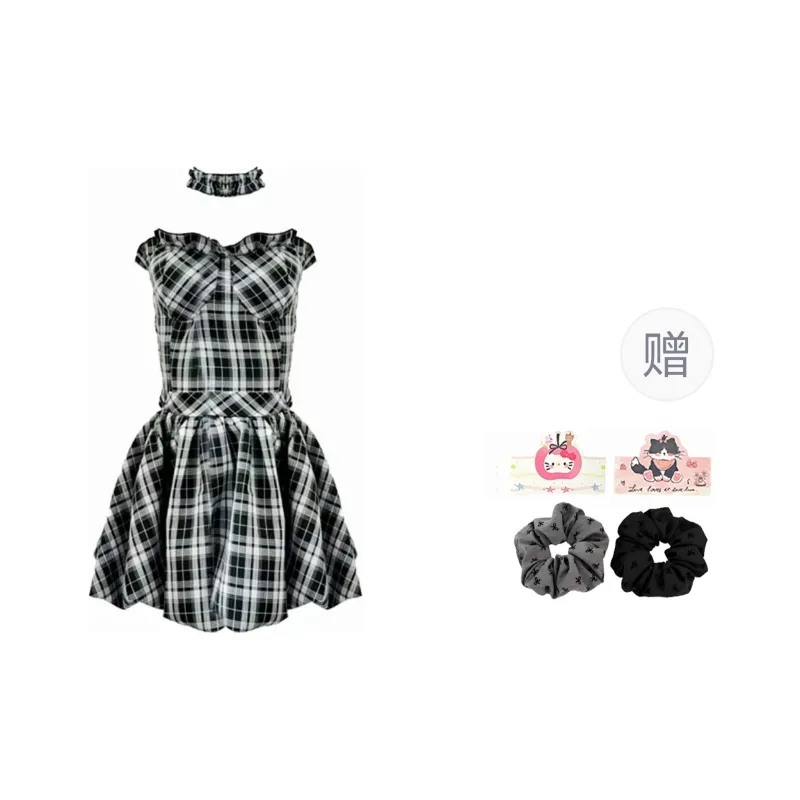 YAUH Sleeveless Dress Women's Black White Grid Pattern-0