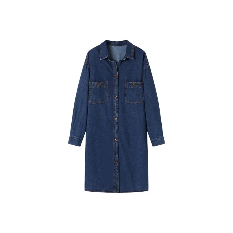 Korean Style Long Sleeved Dress Women's Washed Blue-0