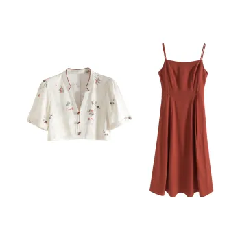 Two Piece Skirt Sets Women's Clothing Sets Red Floral Shirt+Brick Red Camisole Dress