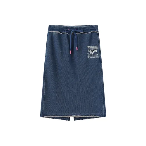 Wiggle Wiggle Frayed Edge Elastic Band Straight Fit Denim Long Skirt Women's