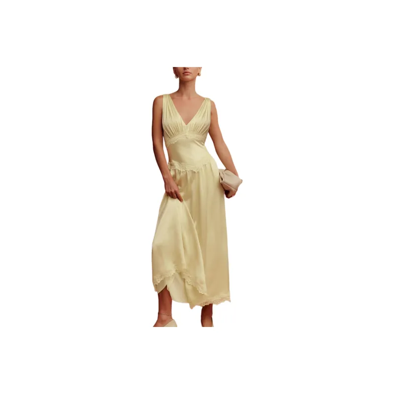 REFORMATION Stasia Silk Dress Sleeveless Dress Women's Gold-0