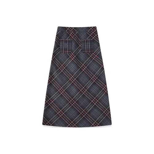 Crying Center Casual Long Skirts Women's Gray Blue Plaid