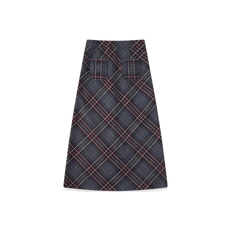 Crying Center Casual Long Skirt Women's Gray Blue Plaid-0