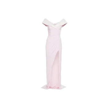 BALMAIN Draped Off Shoulder Slit Maxi Dress