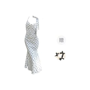 CPAURA Slip Dress Women's White Base With Black Polka Dots