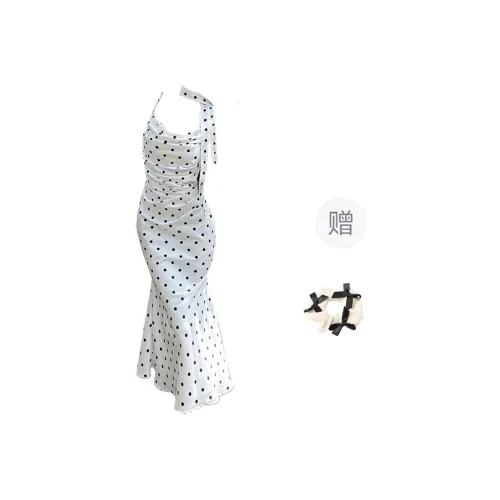 CPAURA Slip Dress Women's White Base With Black Polka Dots