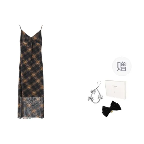 Fstudio Korean Style V Neck Print Slimming Slip Dress Women's Red Plaid
