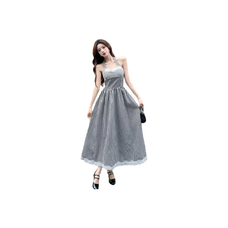 HUINIAN Slip Dresses Women's Black White Plaid-0