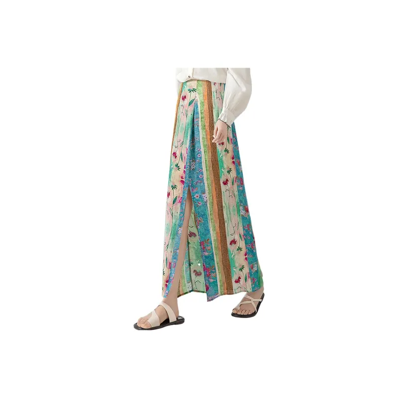 Cypress House Casual Long Skirt Women's Blue Green Stripes Flower-0