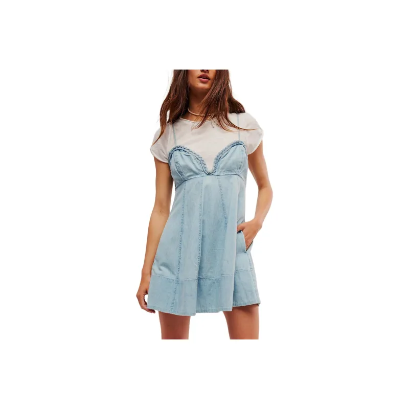 FREE PEOPLE Altura Denim Mini Dress Slip Dresses Women's Ballad Blue/Folk Ballad Blue-0