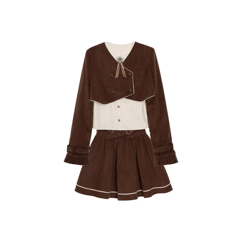 LALAJK Swiss Fall Peter Pan Collar Shirt Skirt Maillard Style Skirt Set Women's-2