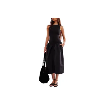 FREE PEOPLE Saemdi Ribbed Drop-Waist Midi Dress Sleeveless Dress Women's BLACK/Black