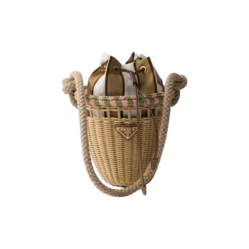 PRADA Wicker Handbag Mini Women's Brown & Petal Pink