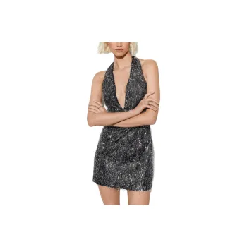 NASTY GAL Premium Textured Tinsel Jacquard Halter Mini Dress Sleeveless Dress Women's Silver