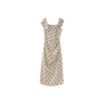 DOSOHEB Sleeveless Dress Women's Polka Dot Beige