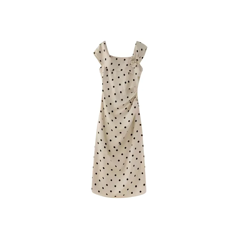 DOSOHEB Sleeveless Dress Women's Polka Dot Beige-0