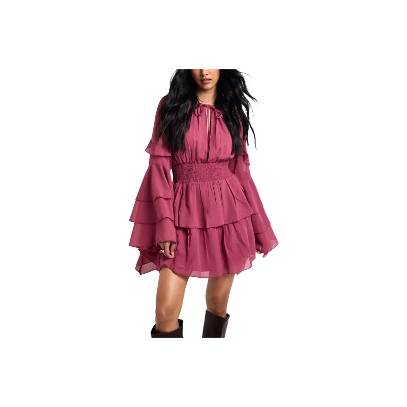 NASTY GAL Chiffon Long Sleeve Ruffle Mini Dress Long Sleeved Dresses Women's Rose-0