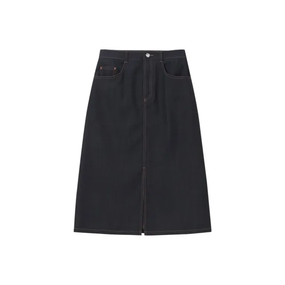 OVV Casual Long Skirts Women's Navy Blue Solid Color A9-0