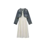 Frayed Edge Denim Jacket+White off-Shoulder Dress