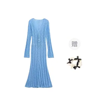 TORIGHT Long Sleeved Dress Women's Blue/Bowknot Hair Tie Comes With