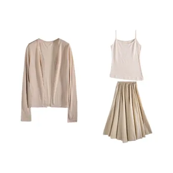 BASIC HOUSE Two Piece Skirt Sets Women's Set White Camisole+Apricot Cardigan+Apricot Skirt
