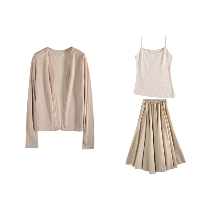 BASIC HOUSE Two Piece Skirt Sets Women's Set White Camisole+Apricot Cardigan+Apricot Skirt-0