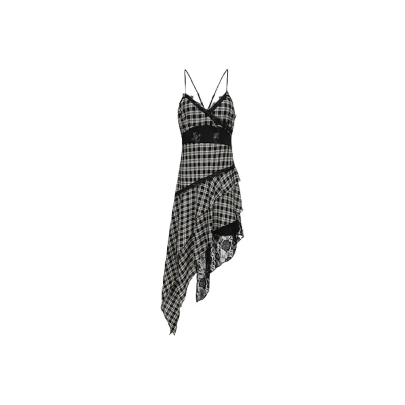 YGPRW Slip Dress Women's Black White Plaid-0