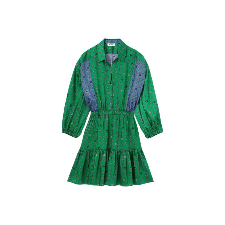 Sandro Printed Shirt Dress Long Sleeved Dress Women's Green-0