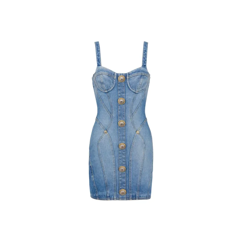 BALMAIN Buttoned Sleeveless Denim Dress-0