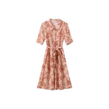 H-YXIANG Short-Sleeved Dresses Women's Red Moss Flower Shadow