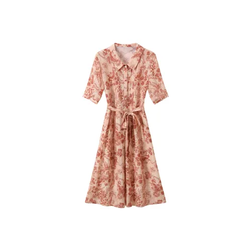 H YXIANG Short Sleeved Dresses Women's Red Moss Flower Shadow