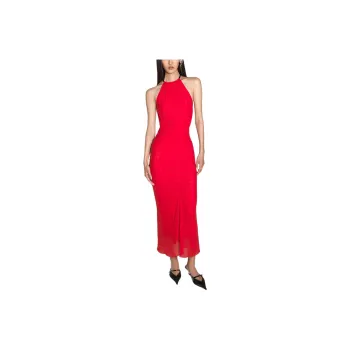 Mugler SS25 Red Ruched Halter Dress Sleeveless Dress Women's Red