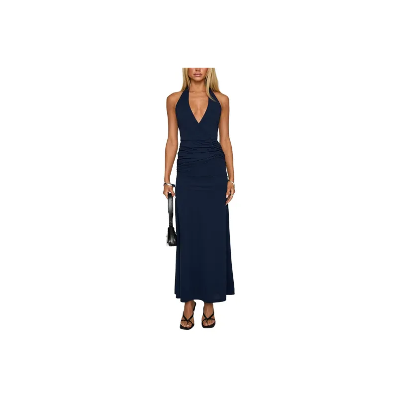 PRINCESS POLLY Casino Halter Maxi Slip Dresses Women's Navy/Marine Blue-0