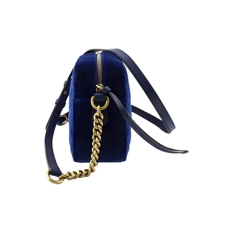 GUCCI GG Marmont Velvet Velour Camera Bag, Shoulder Bag, Crossbody Bag Women's Dark Blue-3