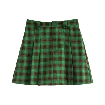 Initial Language Skirt Women's Green Coffee Plaid