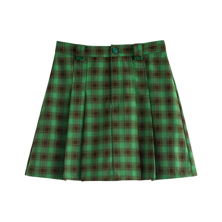 Initial Language Skirt Women's Green Coffee Plaid-0