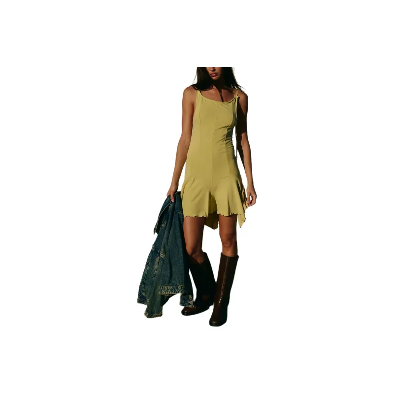FREE PEOPLE Good Feels Pointed Drop-Waist Mini Sleeveless Dress Women's Dried Moss-0