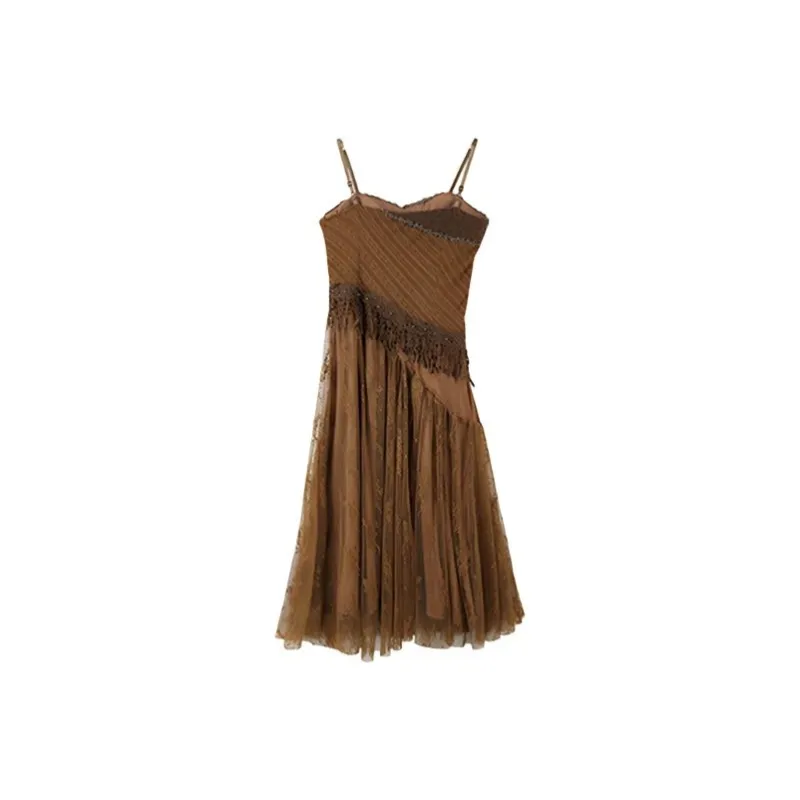 TIBINB Slip Dresses Women's Vintage Brown Slip Dress-1