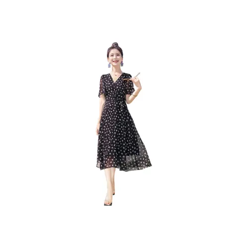 Cypress House Short-Sleeved Dresses Women's Black Base With White Flowers