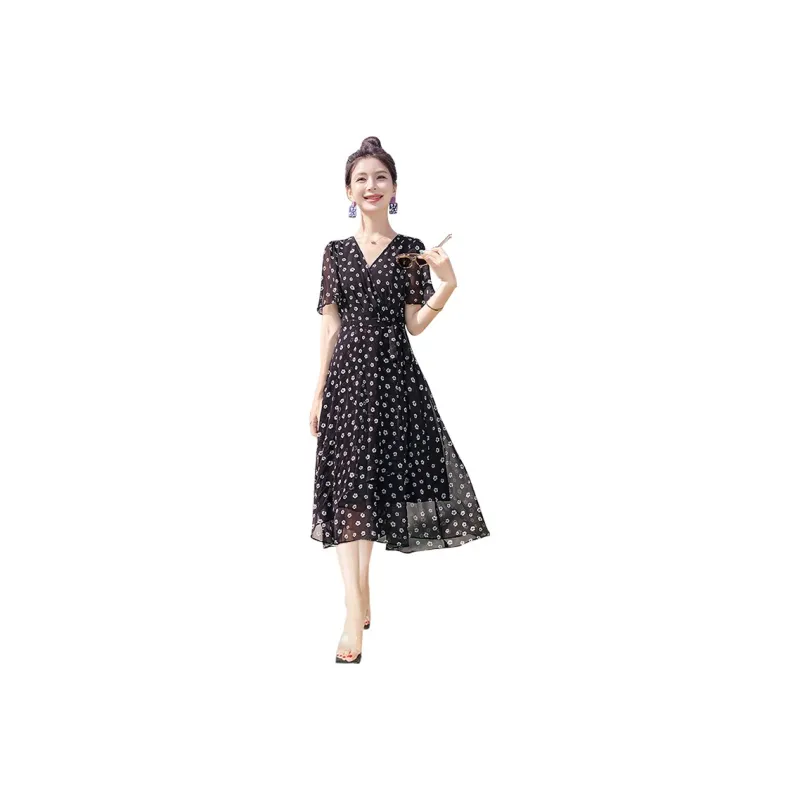 Cypress House Short Sleeved Dress Women's Black With White Floral-0