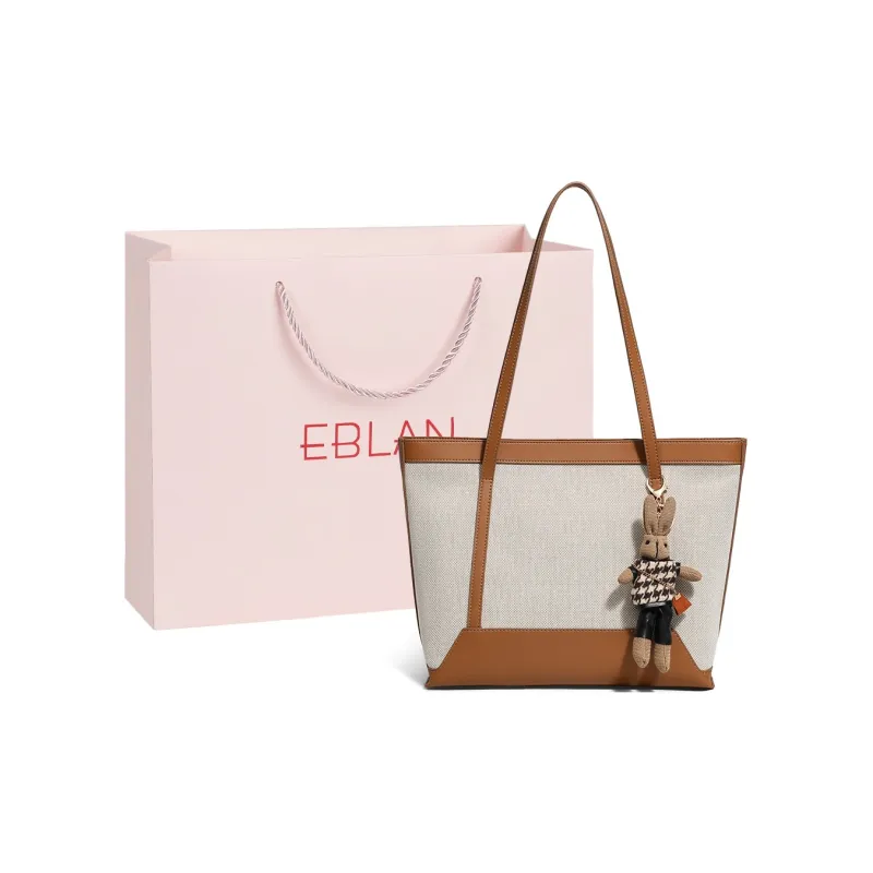 EBLAN Synthetic Leather Shoulder Bag Tote Large Size Women's Ecru & Brown-0