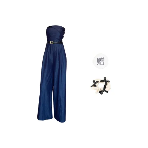 TORIGHT Jumpsuit Women's Blue With Belt+Bowknot Hair Tie Comes With