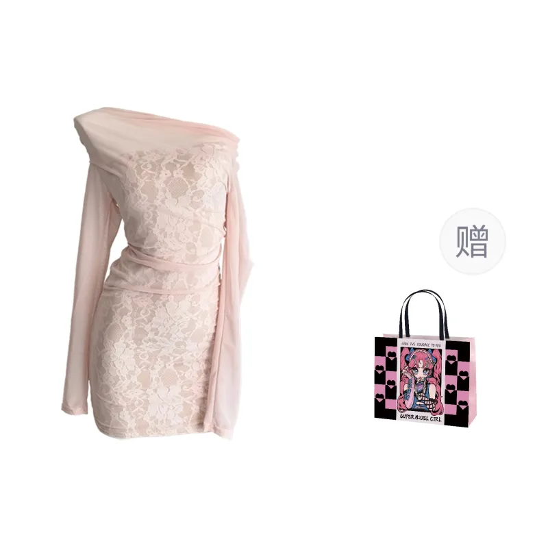 QIAOMONVHAI Long Sleeved Dress Women's Lace Pink-3