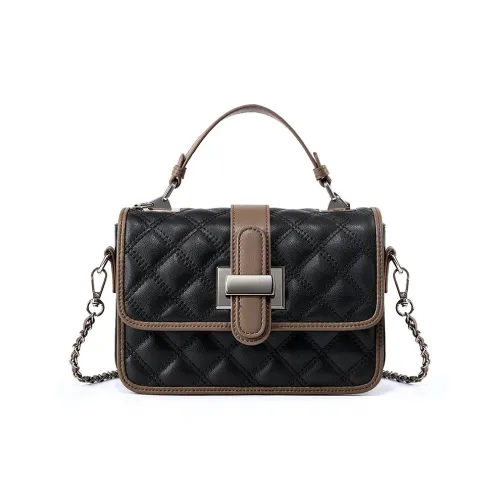 PESASRIE Cow Leather Crossbody Handbag Regular Women's Black/Ecru