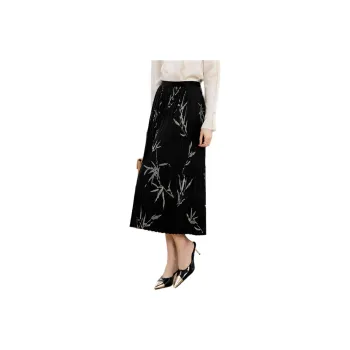 Yan Domain Casual Long Skirts Women's Black Floral