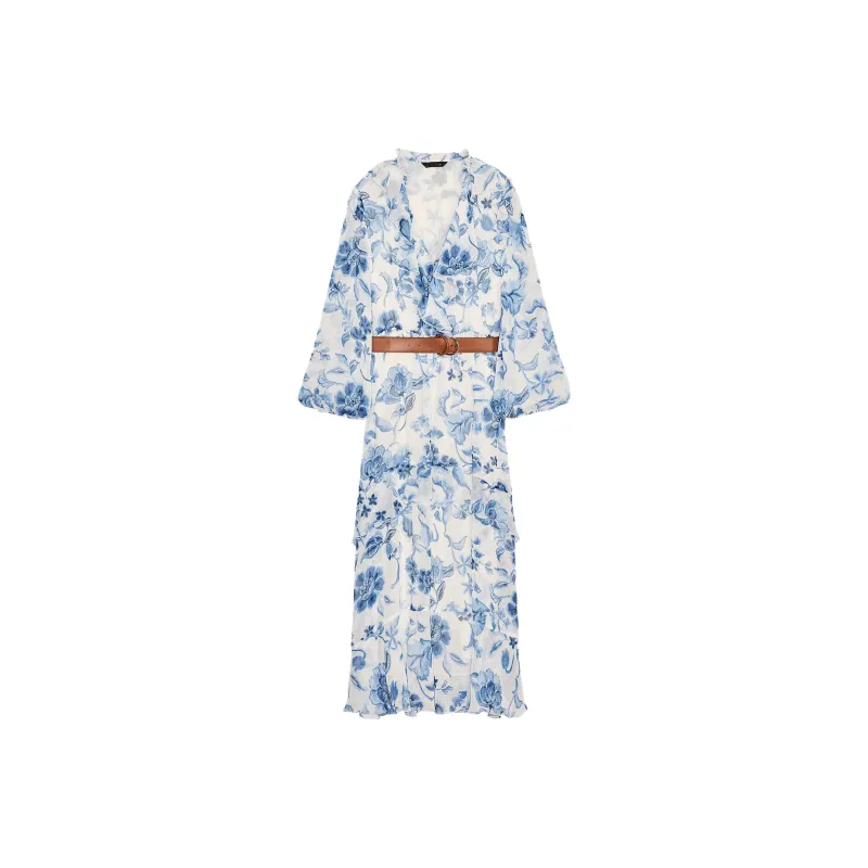 ZARA Long Sleeved Dress Women's White/Sky Blue-0