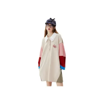 ELF SACK Long-Sleeved Dresses Women's Preppy Khaki
